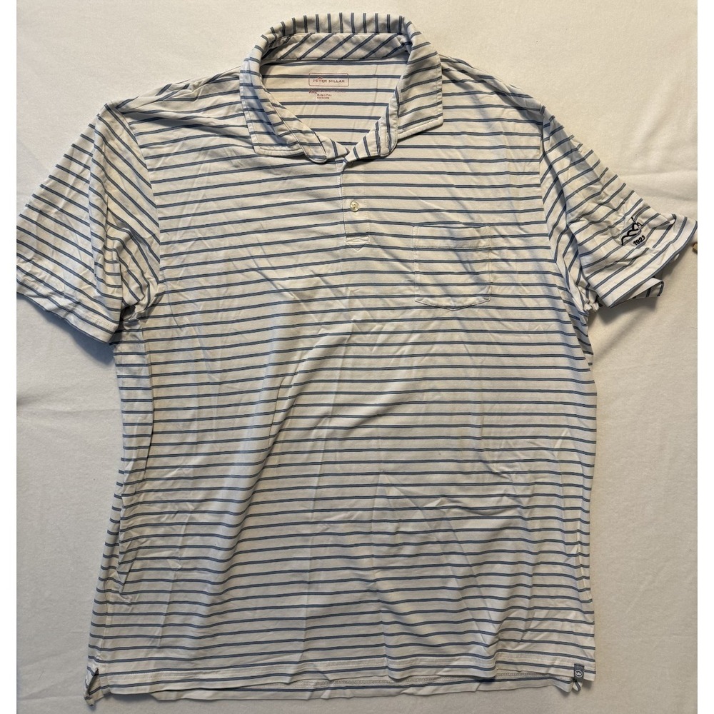 Peter Millar Mens White Blue Striped Short Sleeve One Pocket Polo Shirt Size XXL